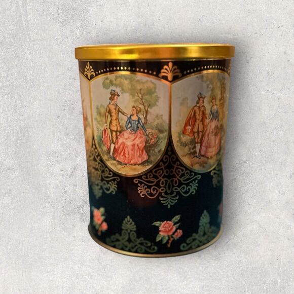 Round Regency Style Candy Tin, Vintage Victorian Black & Gold Tin - Picture 1 of 7